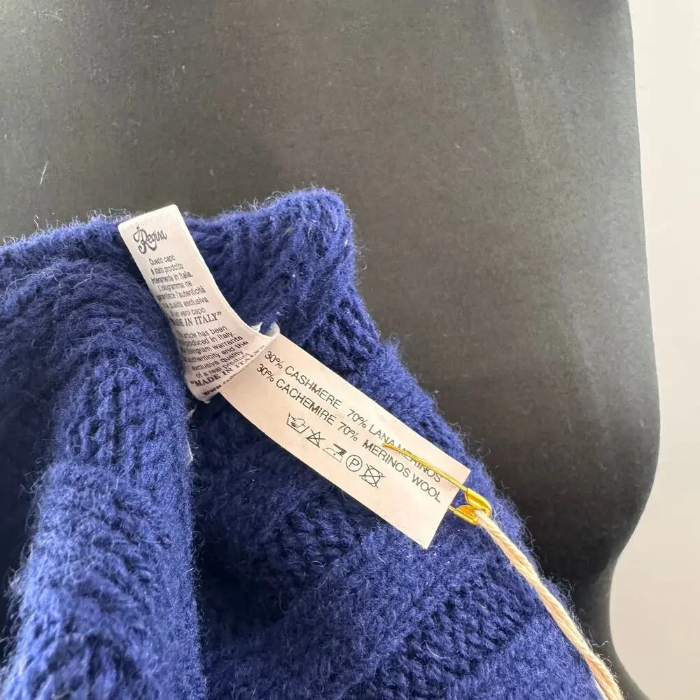 REGINA Italian Navy Blue Scarf Hood Hat Set Cashmere Wool Fur Pom Cable Knit NEW